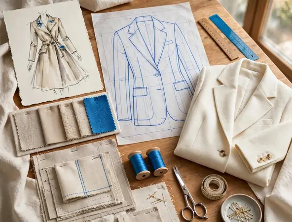 A designer working at a sewing machine in a studio, representing the creative route