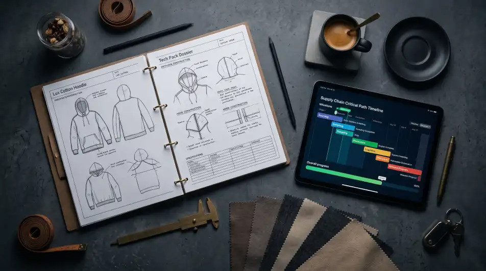 Open notebook with handwritten skill-building notes beside folded garment samples on a work desk