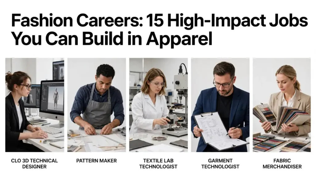 Apparel product developer reviewing 3D digital garment simulation and tech pack in a modern fashion studio.